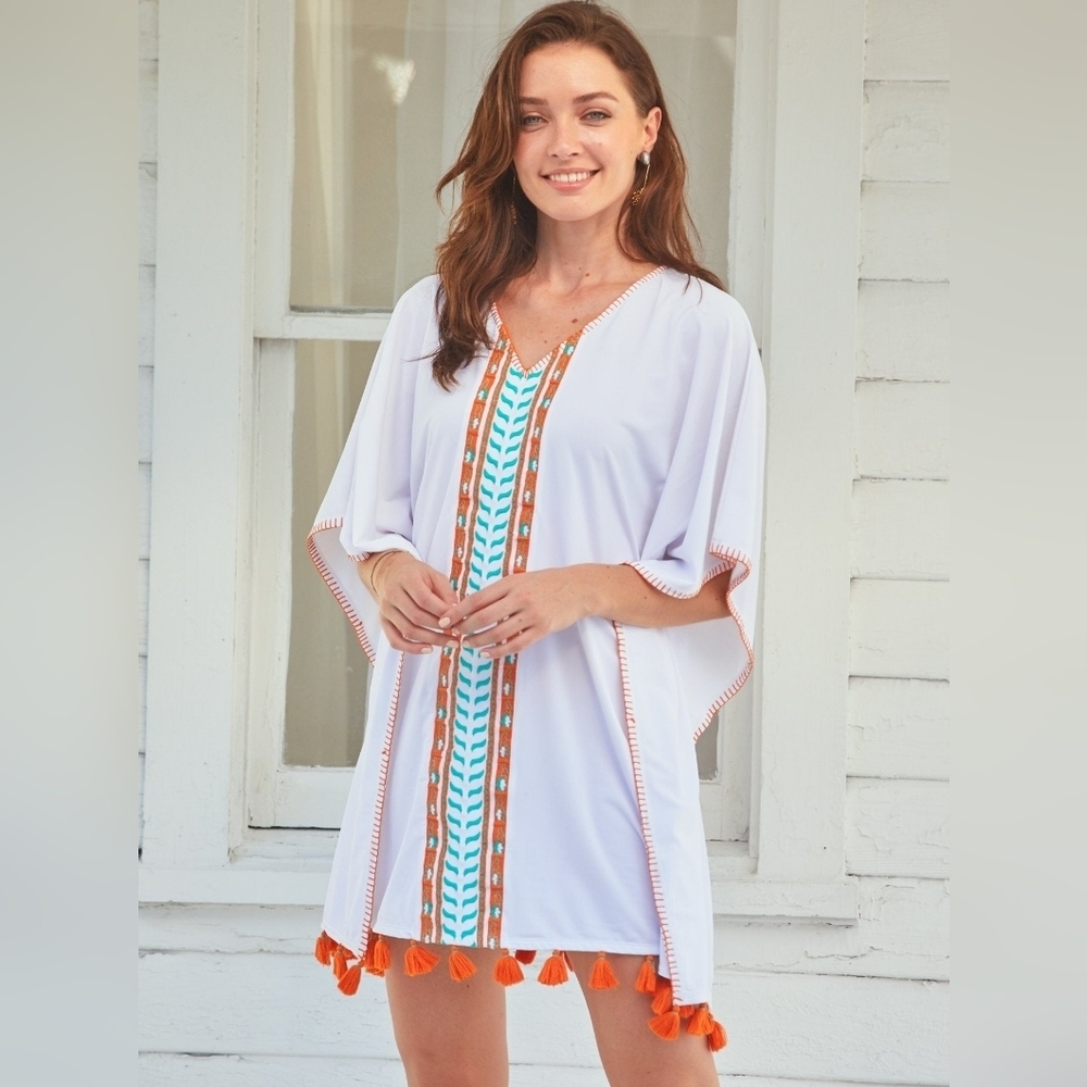CABANA LIFE White/Orange Cayman/ Embroided, Tassels Cover Up NWT Size L/XL